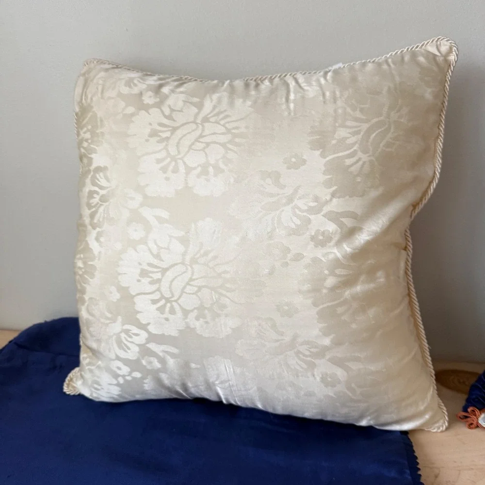 Vtg Golden Cloud Hand-Embroidered Bird Decorative Pillows Silk Blend Blue Trim